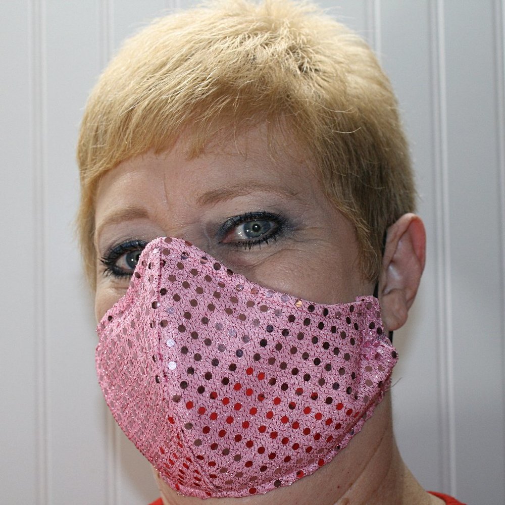 HAND CRAFTED Face Mask Baby Pink Confetti Dot Sequin - Adult - Shield Style